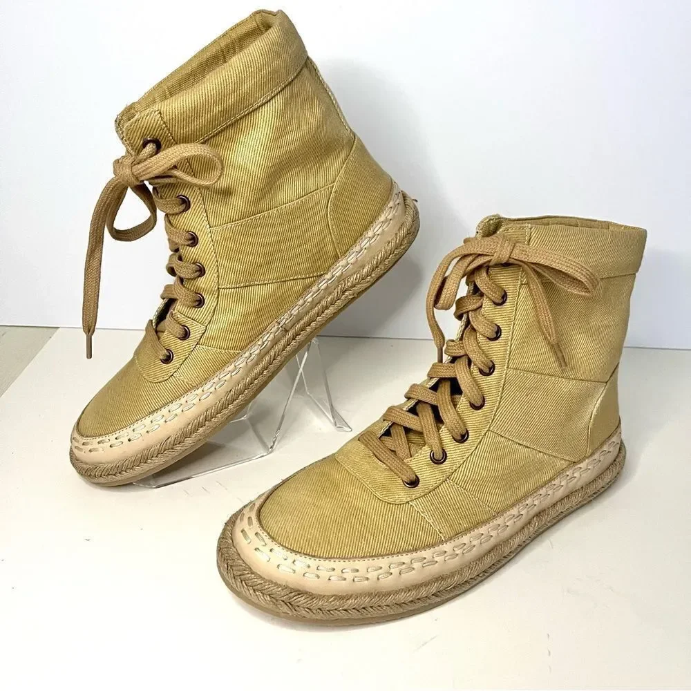 Free People Menorca‎ Lace Up Boots in Tan Canvas, Size 8 NIB - Picture 2 of 10